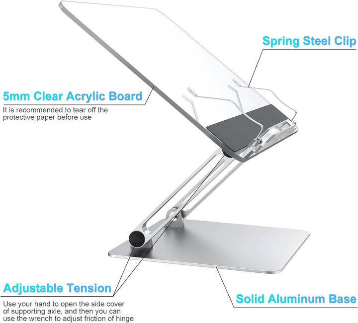 Buchständer, Aluminium und Acryl Kochbuch Schreibtisch Leseständer, Verstellbar & Faltbar Buchhalter