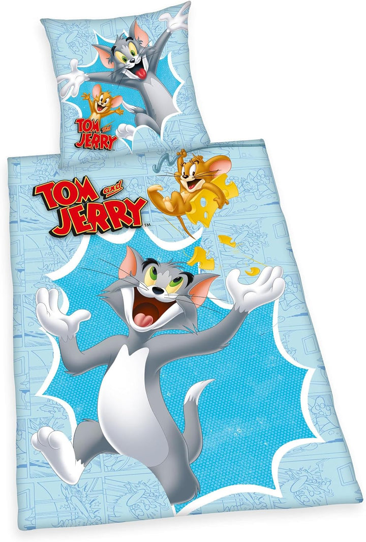 Herding Bettwäsche-Set, Tom & Jerry, Kopfkissenbezug 80 x 80 cm mit Knöpfen und Wende-Motiv, Bettbez