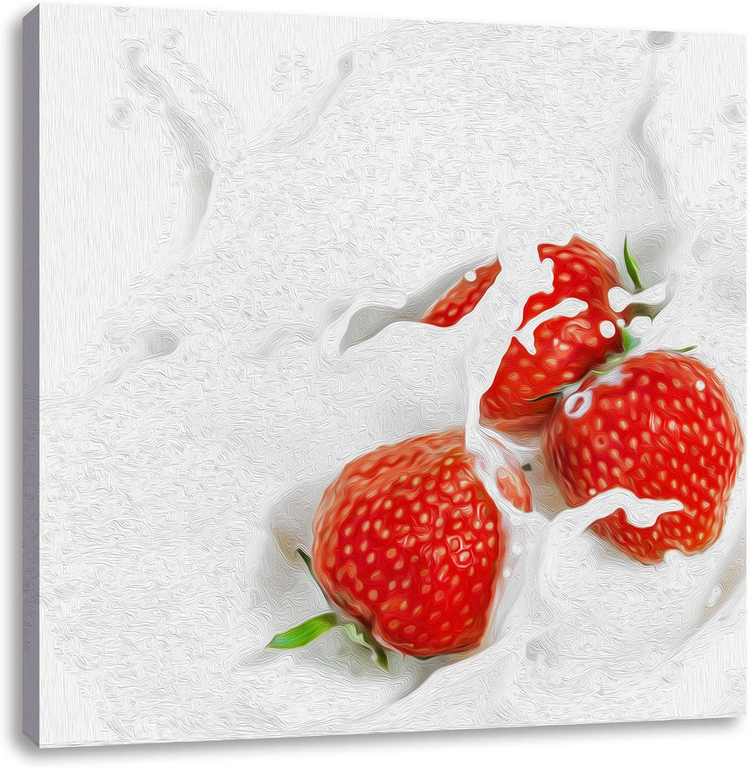 Pixxprint Erdbeeren Schwimmen in Milch als Leinwandbild Quadratisch/Grösse: 70x70 / Wandbild/Kunstdr
