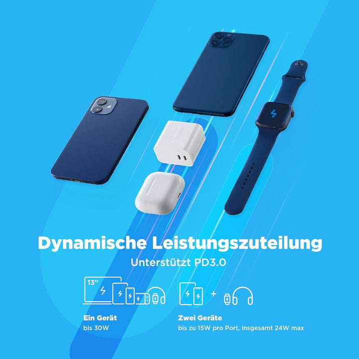 Innergie C3 Duo 30W Dual USB C Schnellladegerät Netzteil für Samsung Galaxy iPhone 14/13 Apple Watch