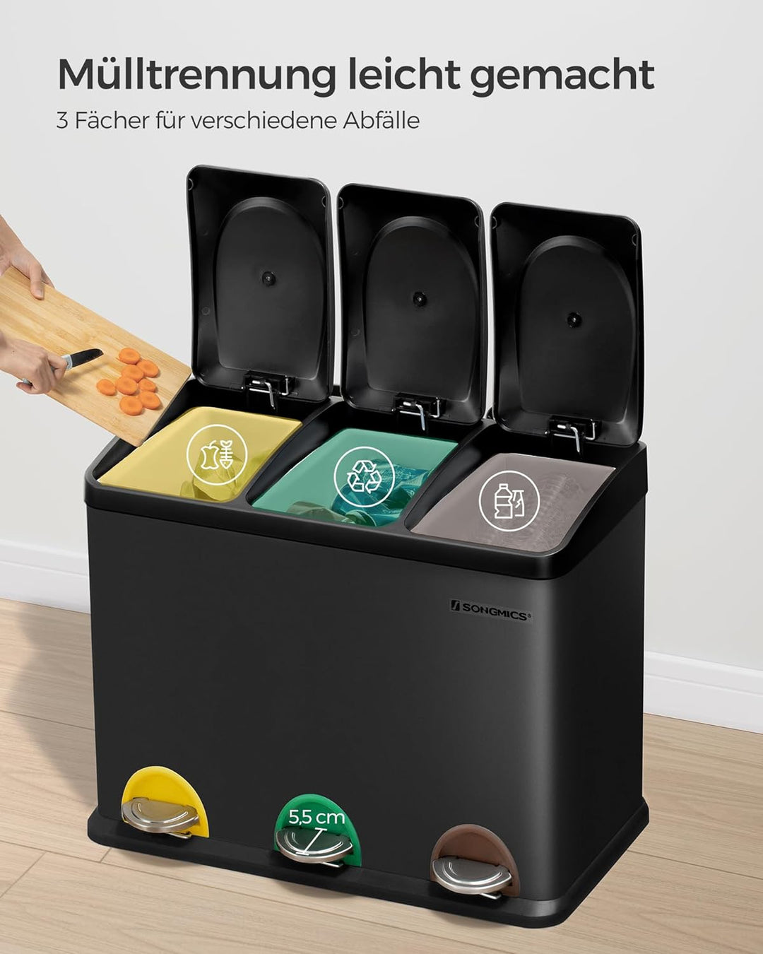 SONGMICS Mülleimer Küche, Mülltrennsystem 3 Fächer, Abfalleimer, 45 Liter Treteimer aus Metall, 3 x