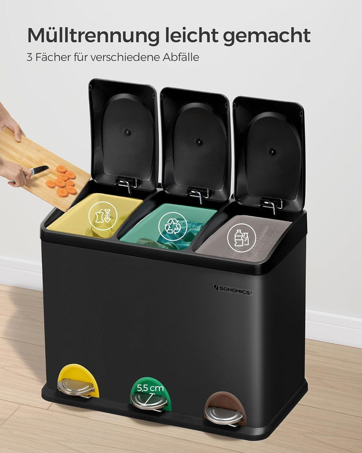 SONGMICS Mülleimer Küche, Mülltrennsystem 3 Fächer, Abfalleimer, 45 Liter Treteimer aus Metall, 3 x