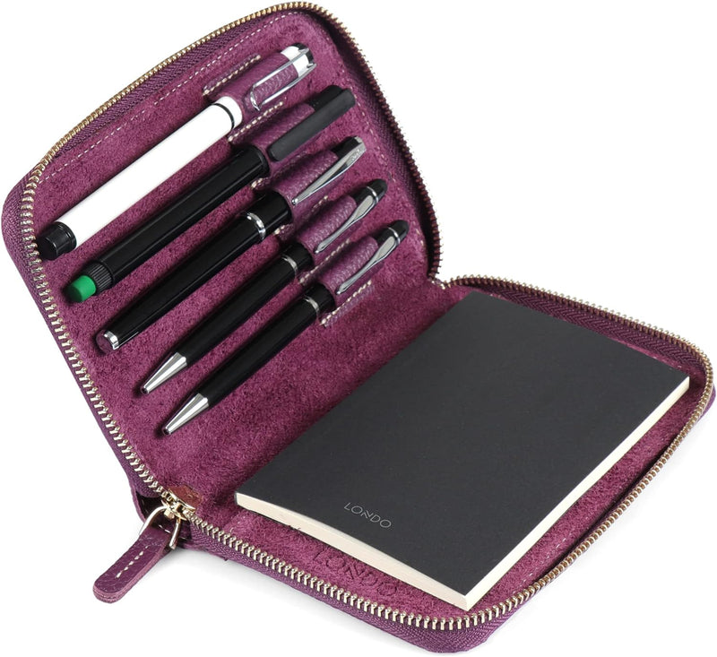 Londo Echtleder Padfolio mit Stifthalter Notepad und Reissverschluss Purple, Purple