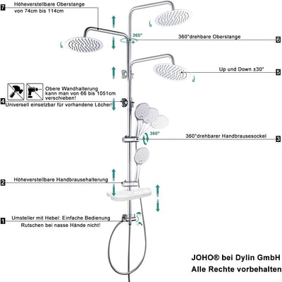JOHO Regendusche Duschsystem ohne Armatur, Rain Shower Duschset Überkopfbrauseset aus Edelstahl mit