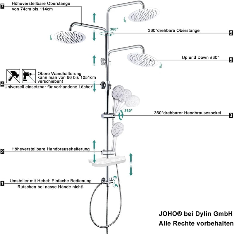JOHO Regendusche Duschsystem ohne Armatur, Rain Shower Duschset Überkopfbrauseset aus Edelstahl mit