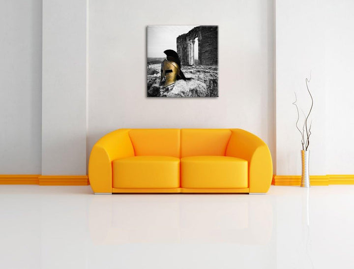 Pixxprint Alter Helm Einer Rüstung vor Ruine schwarz/weiss, Format: 70x70 auf Leinwand, 70x70