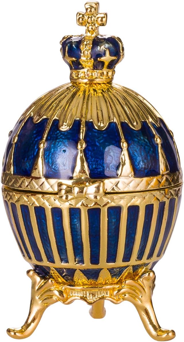 danila-souvenirs Fabergé-Stil Gerippten Ei Schmuckkästchen mit Kaiserkrone 6,5 cm blau