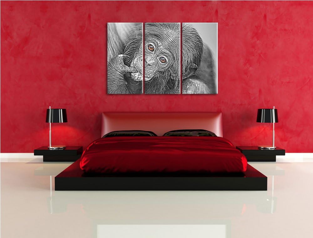 süsses Orang-Utan-Junges schwarz/weiss Deluxe 3-Teiler Leinwandbild 120x80 Bild auf Leinwand, XXL ri