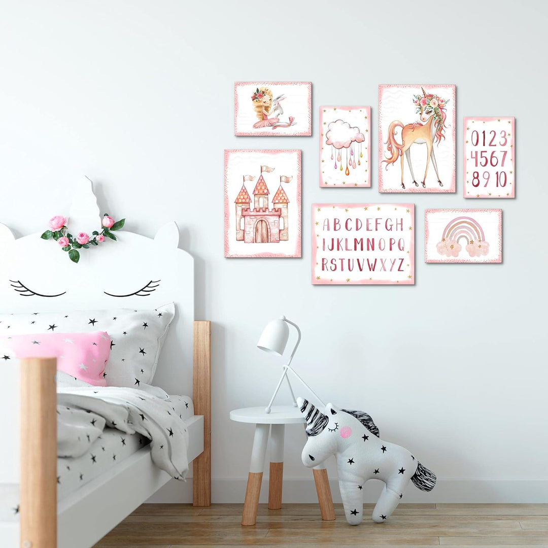 Novart Wandbilder Einhorn  - KOMPLETT AUFHÄNGFERTIG - Rosa  Kinderzimmer Mädchen- 7 Moderne Mood-Bil