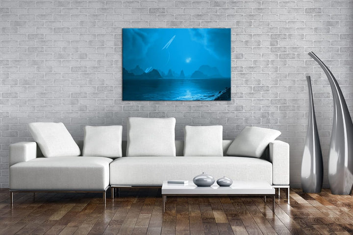 deyoli chaotische Landschaft mit Saturn am Himmel Format 80x60 Effekt: Monocrome Blau als Leinwandbi