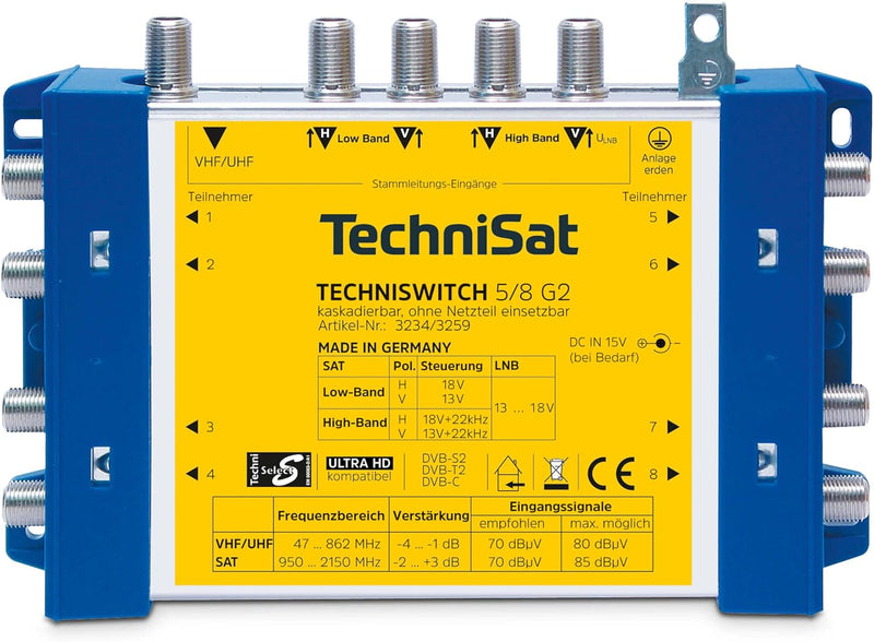 TechniSat TECHNISWITCH 5/8 G2 – Multischalter (Verteiler für Satellitensignale, für bis zu 8 Teilneh