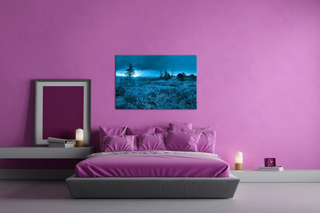 deyoli bezauberte Landschaft bei Sonnenaufgang Format: 80x60 Effekt: Monocrome Blau als Leinwand, Mo