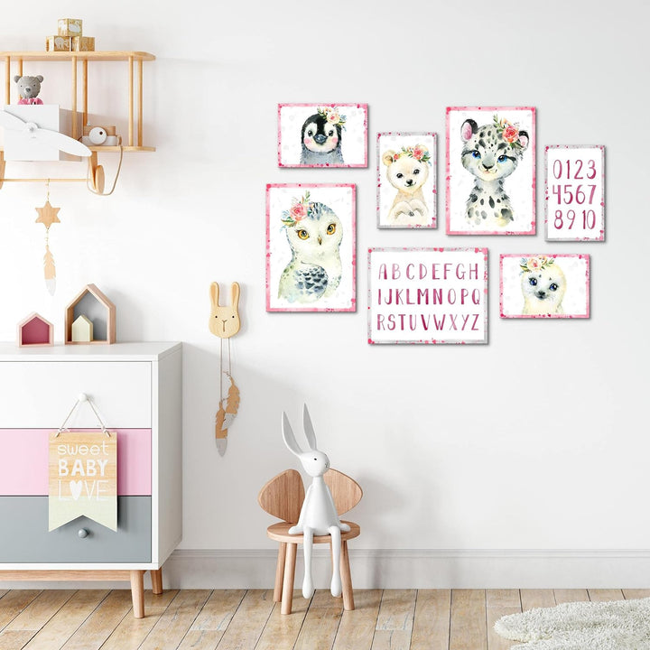 Novart Wandbilder Tiere - KOMPLETT AUFHÄNGFERTIG - Rosa Kinderzimmer Mädchen- 7 Moderne Mood-Bilder