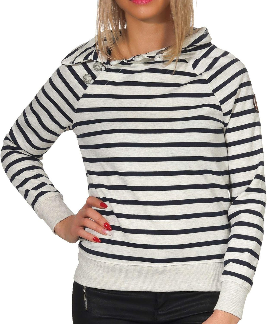 ONLY Damen gestreiftes Sweatshirt Randi Nadine Knopfleiste 15170109 Oatmeal Stripes/Night Sky M