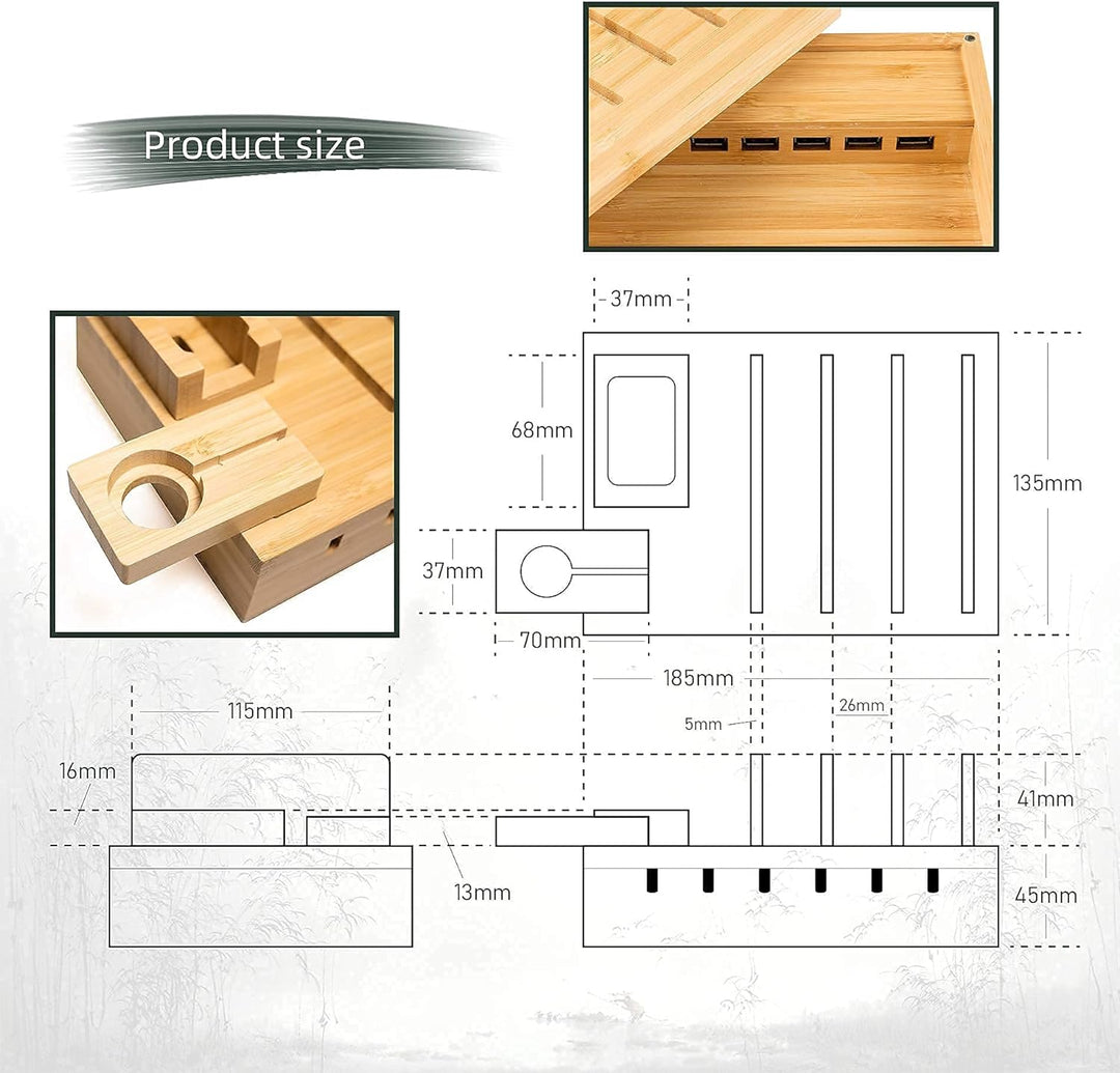 YOJA Ladestation für mehrere Geräte, Bambus, YOJA 5-Port-USB-Multi-Ladestation, Holz für Handy, Tabl