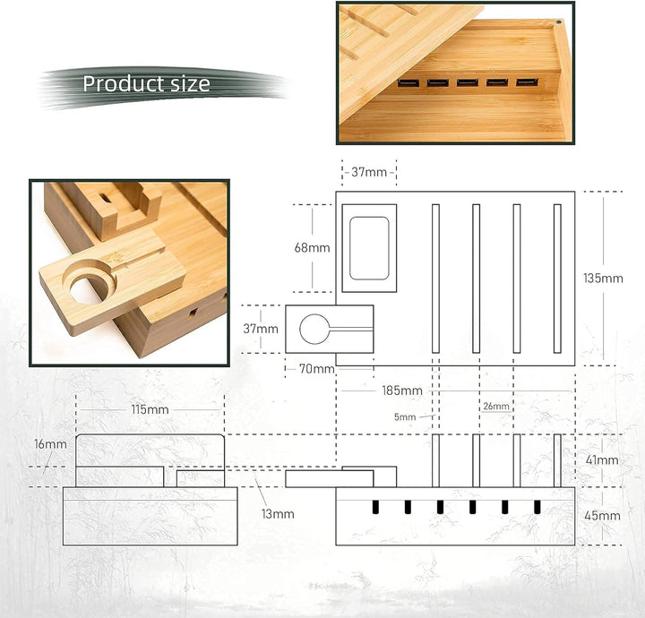 YOJA Ladestation für mehrere Geräte, Bambus, YOJA 5-Port-USB-Multi-Ladestation, Holz für Handy, Tabl