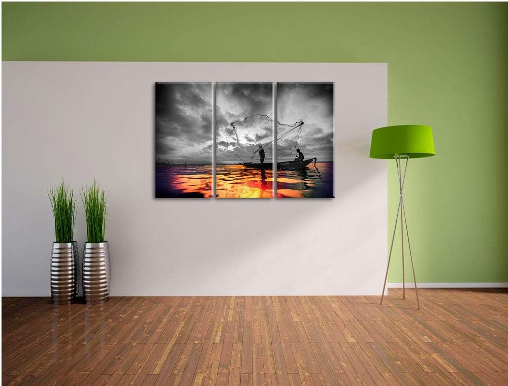 Angler angeln mit grossem Fangnetz auf See schwarz/weiss 3-Teiler Leinwandbild 120x80 Bild auf Leinw
