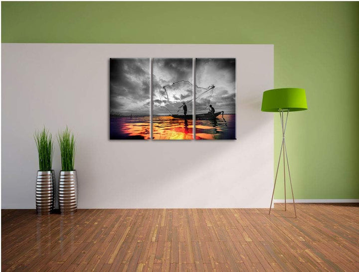 Angler angeln mit grossem Fangnetz auf See schwarz/weiss 3-Teiler Leinwandbild 120x80 Bild auf Leinw