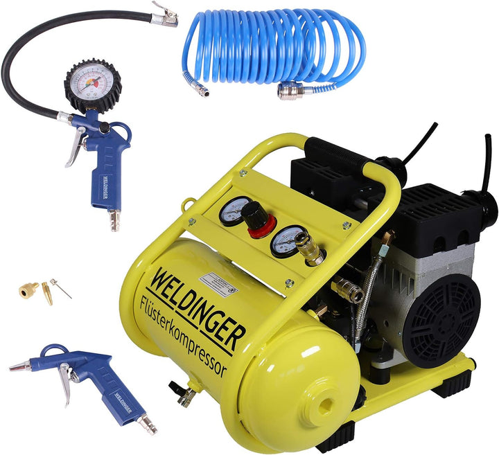 Aktionsset WELDINGER Flüsterkompressor FK 120 compact 980 W Luftabgabe 120 l ölfrei + Druckluftset 6