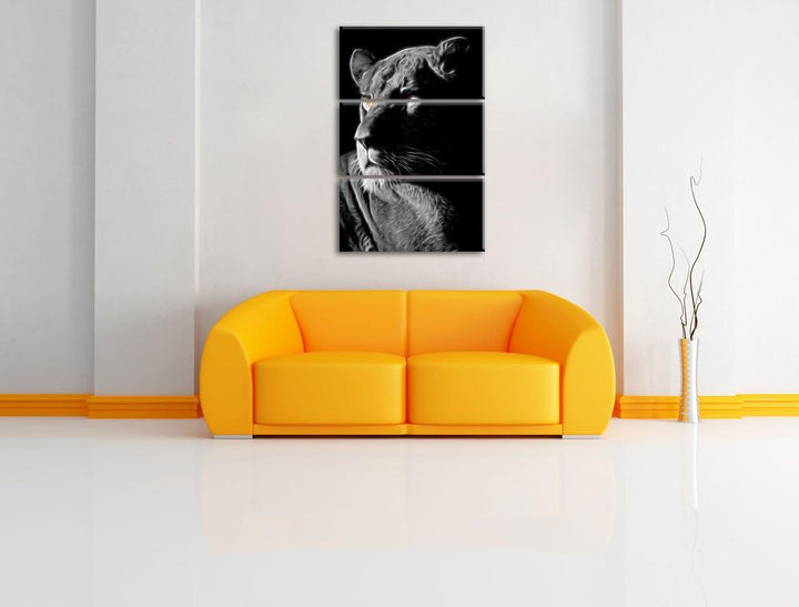Dark prächtige Löwin schwarz/weiss Deluxe 3-Teiler Leinwandbild 120x80 Bild auf Leinwand, XXL riesig