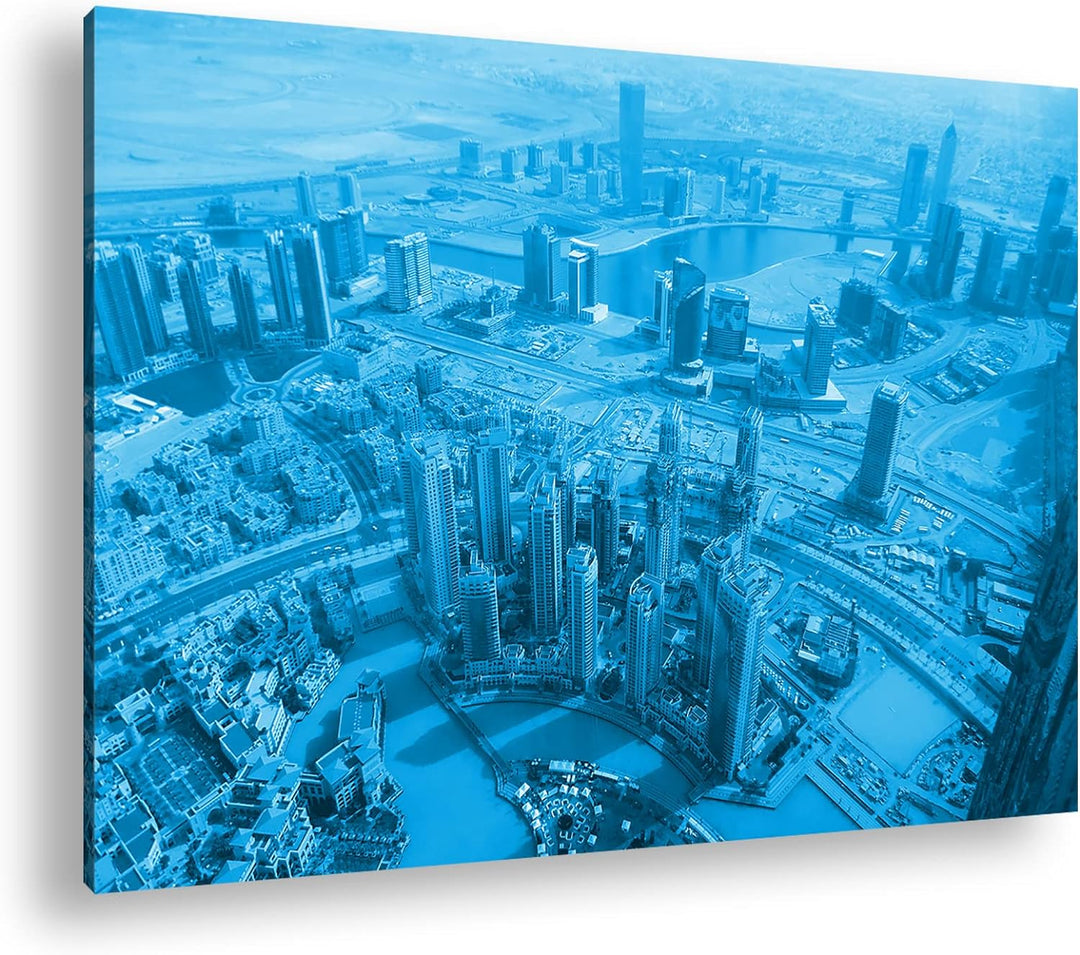deyoli Skyline von Dubai Format 80x60 Effekt: Monocrome Blau als Leinwandbild, Motiv fertig gerahmt