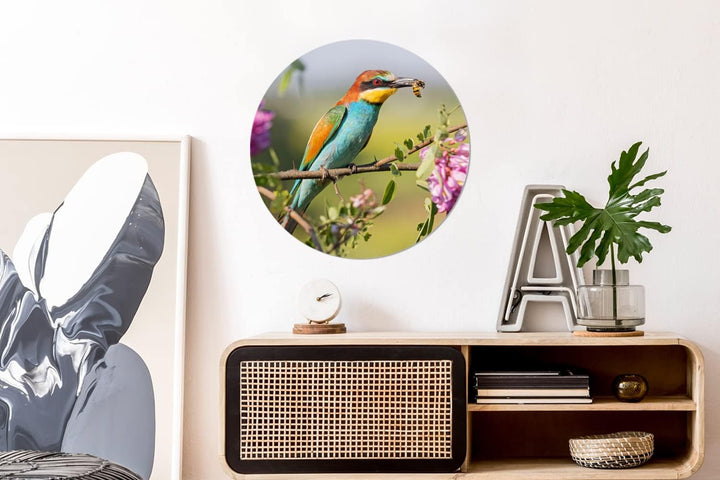 MuchoWow Wandbild Rund Wanddeko Deko Wohnzimmer Bilder 60x60 cm Vogel - Bienenfresser - Blumen, 60x6