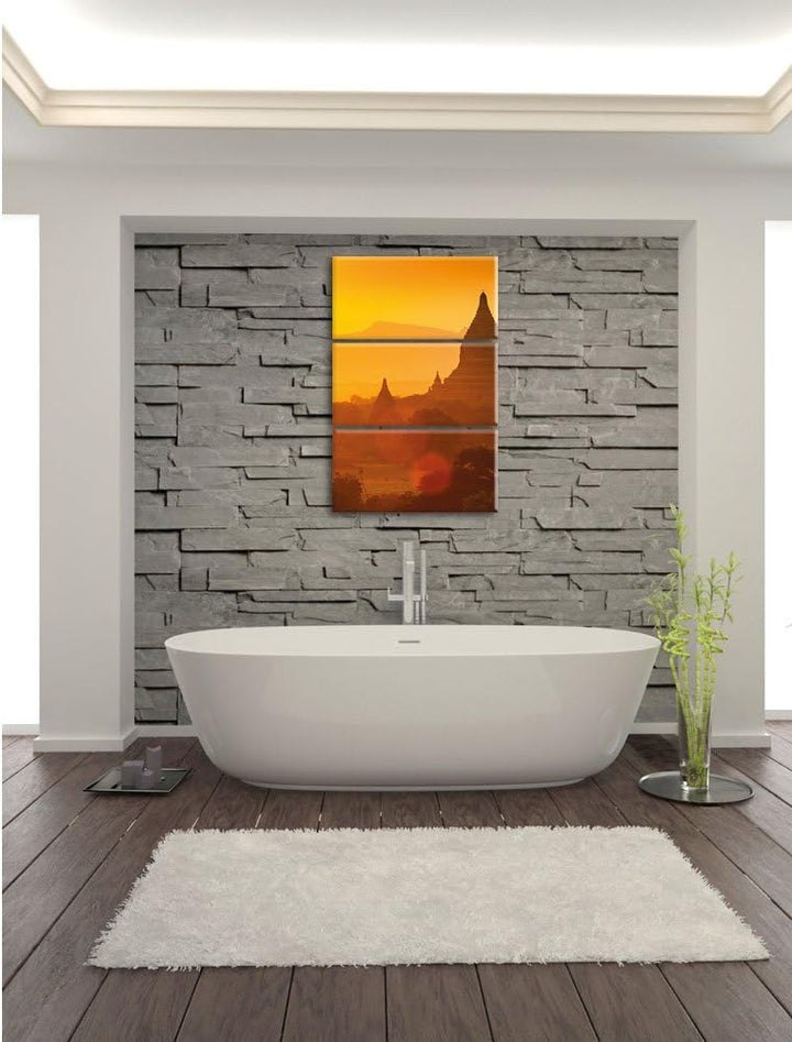 Pixxprint Buddha Tempel im Sonnenuntergang 3-Teiler Leinwandbild 120x80 Bild auf Leinwand