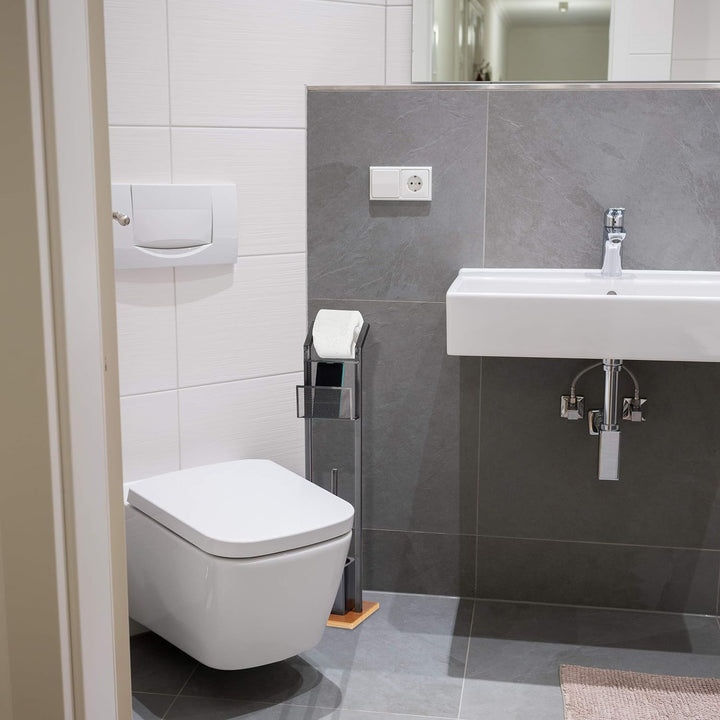 Relaxdays, schwarz Garnitur mit Ablage, Papierhalter, WC-Bürste, Bürstenhalter, quadratischer Fuss,