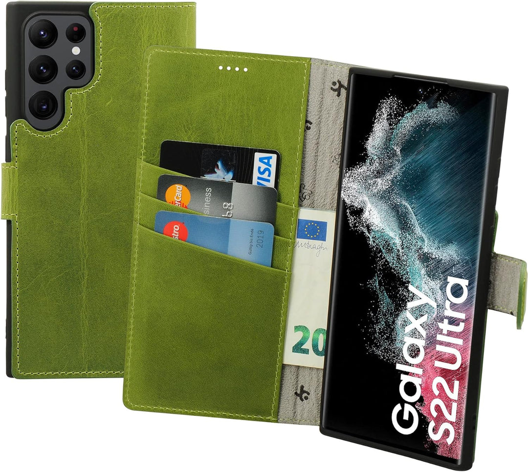 Suncase Book-Style Hülle kompatibel mit Samsung Galaxy S22 Ultra 5G Leder Tasche (Slim-Fit) Lederhül