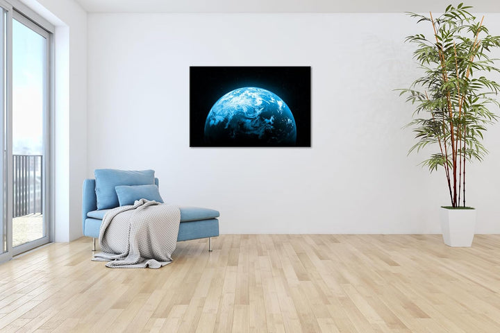 Planet Erde Format: 80x60 cm Effekt: Monocrome Blau als Leinwandbild, Motiv fertig gerahmt auf Echth