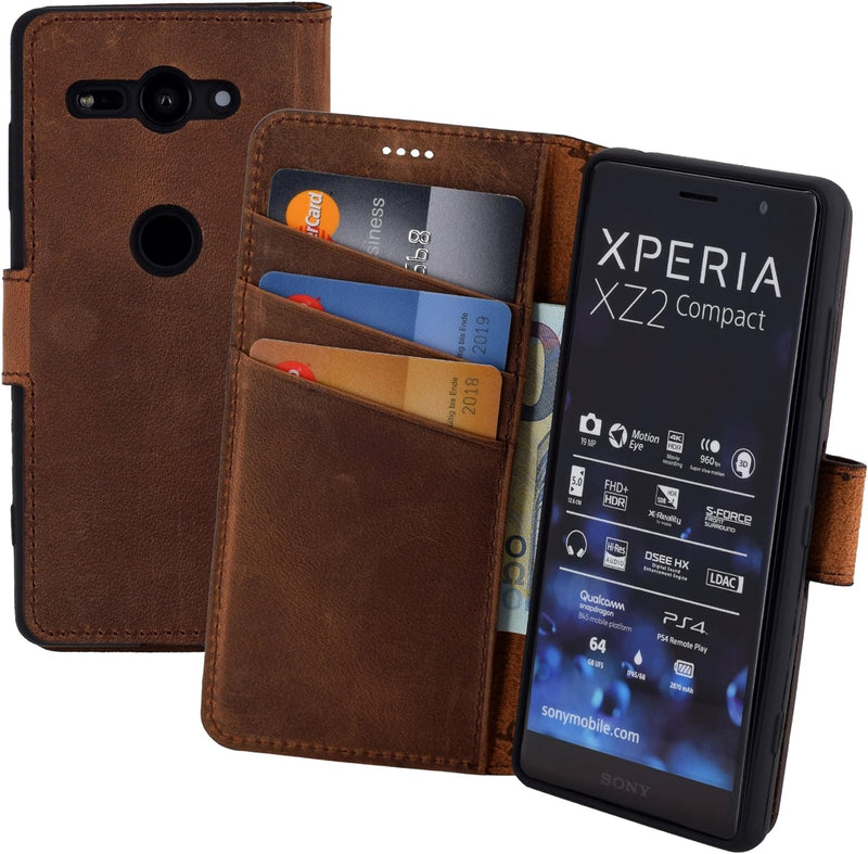 Suncase Book-Style kompatibel für Sony Xperia XZ2 Compact Hülle (Slim-Fit) Leder Tasche Handytasche