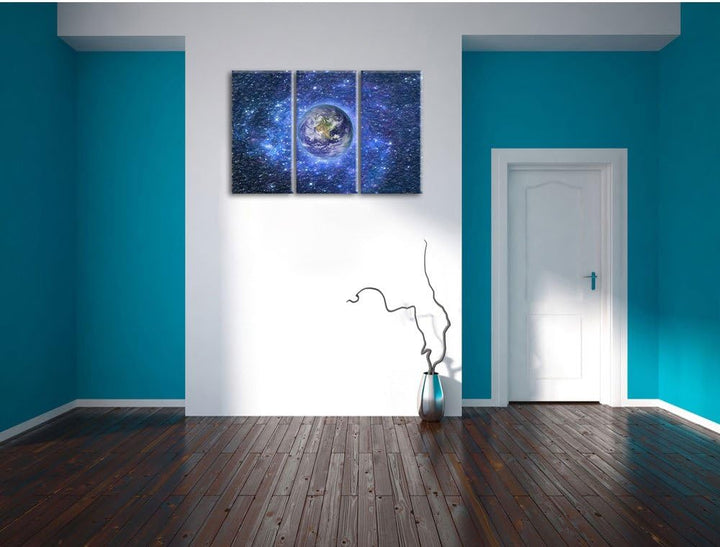 Pixxprint Planet Erde im Weltraum / 3-Teilig/Gesamtmass 120cm Leinwandbild bespannt auf Holzrahmen/W