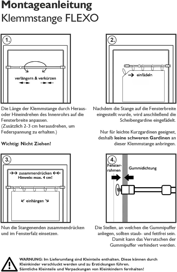 Interdeco Klemmstange (1 Stück), Klemmfix Scheibenstange mit Gummistopfen Weiss in 8/6 mm Ø, Flexo,