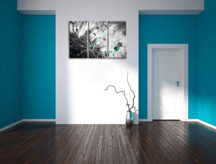 Pixxprint Wassertropfen auf Pusteblume als Leinwandbild | Grösse: 3 Teilig (120x80) | Wandbild| Kuns