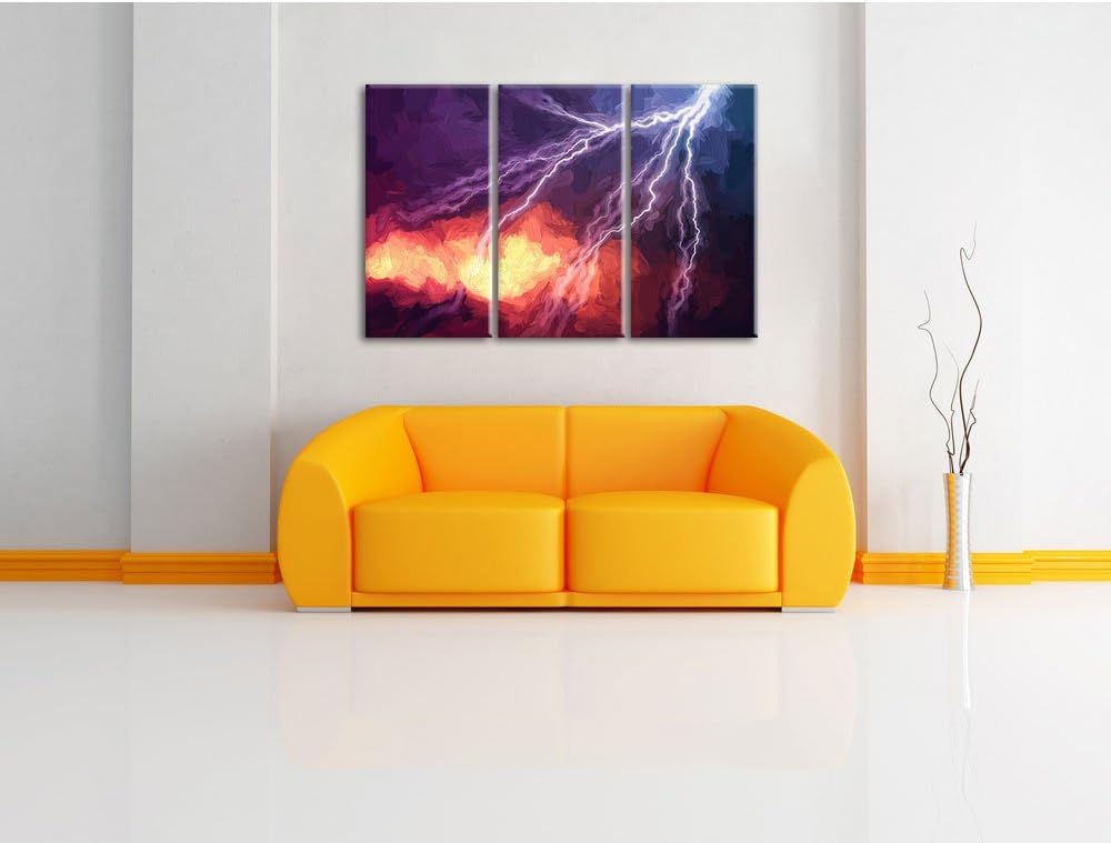 Pixxprint Blitze am Himmel Pinsel Effekt 3-Teiler Leinwandbild 120x80 Bild auf Leinwand