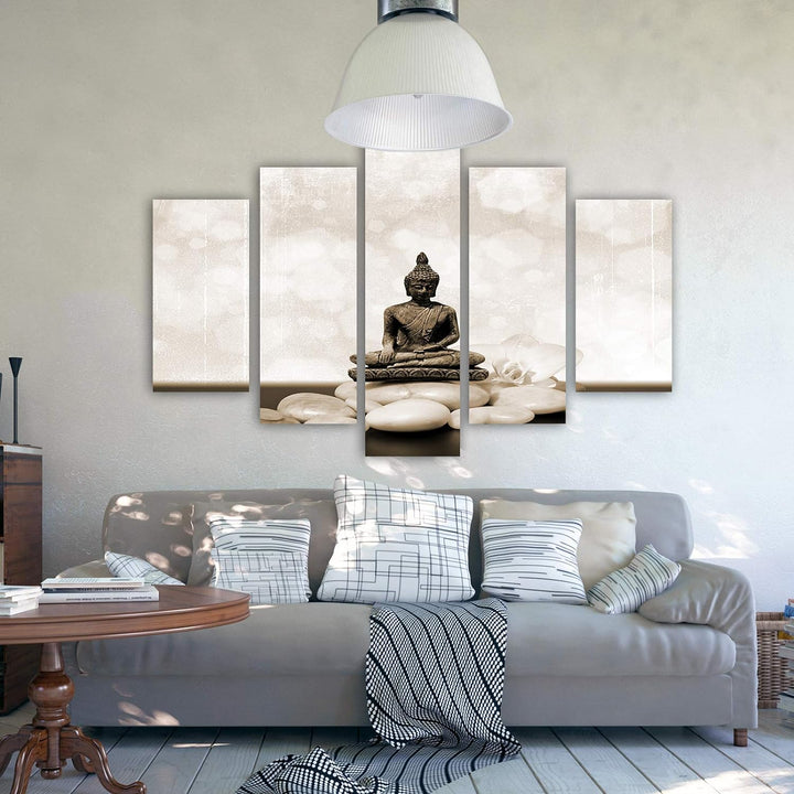 Feeby Bilder Buddha 300x140 cm Leinwandbild 5 Teilig XXL Kunstdruck modern relax braun Leinwandbild