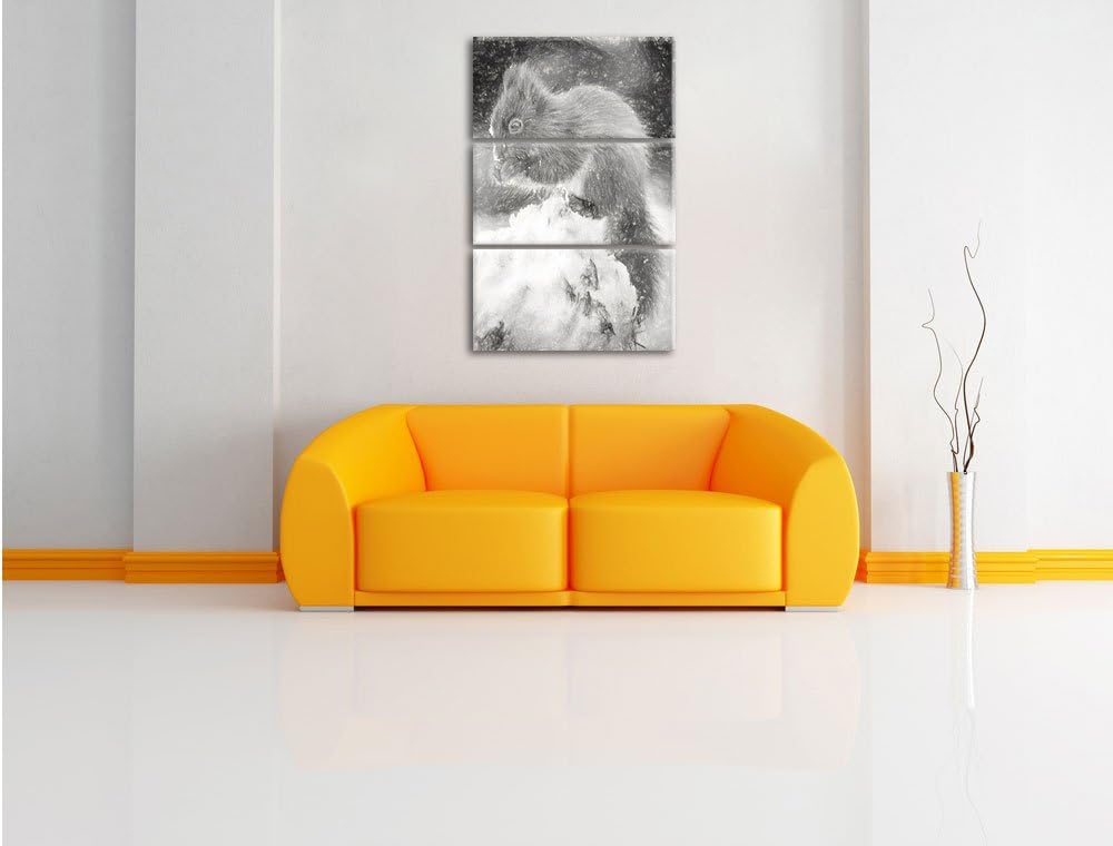 Pixxprint Kleines Eichhörnchen im Winter als Leinwandbild/Grösse: 3 Teilig (120x80) cm/Wandbild/Kuns