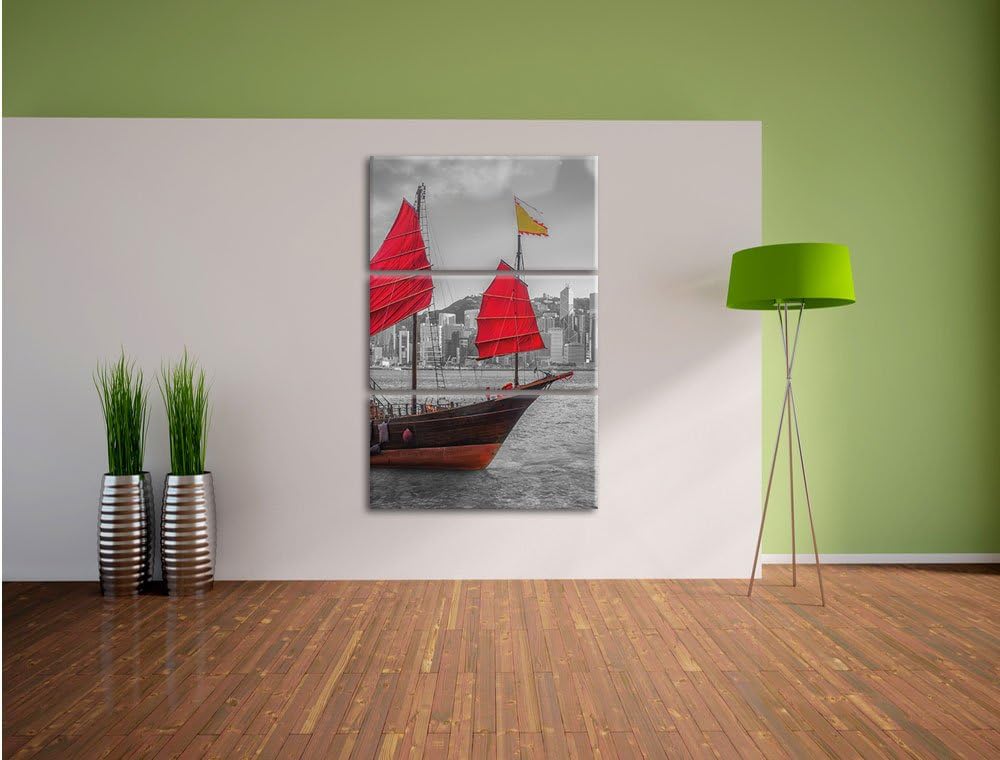 Pixxprint Segelschiff mit roten Segeln als Leinwandbild/Grösse: 3 Teilig (120x80 cm) cm/Wandbild/Kun