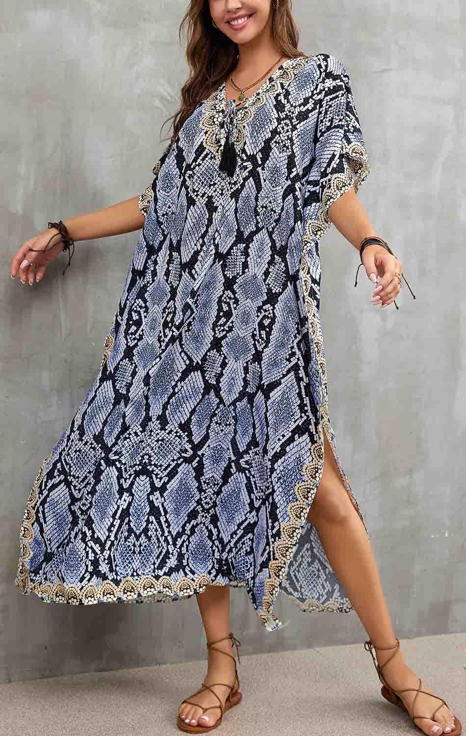 Orshoy Damen Bikini Cover Up Sommerkleid Lang Kaftan Maxikleid Strandponcho V-Ausschnitt Strandkleid