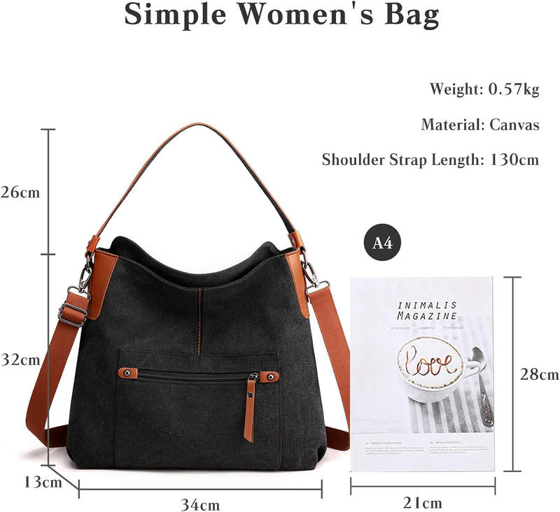 PORRASSO Casual Schultertasche Damen Umhängetasche Handtasche Segeltuch Hobotasche Crossbody Bag für