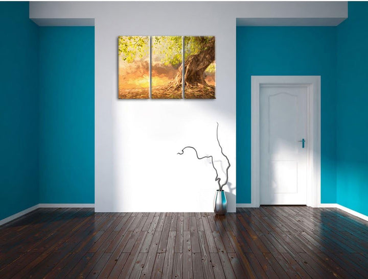 Pixxprint Verwurzelter starker Baum im Sonnenuntergang Kunst Pinsel Effekt 3-Teiler Leinwandbild 120