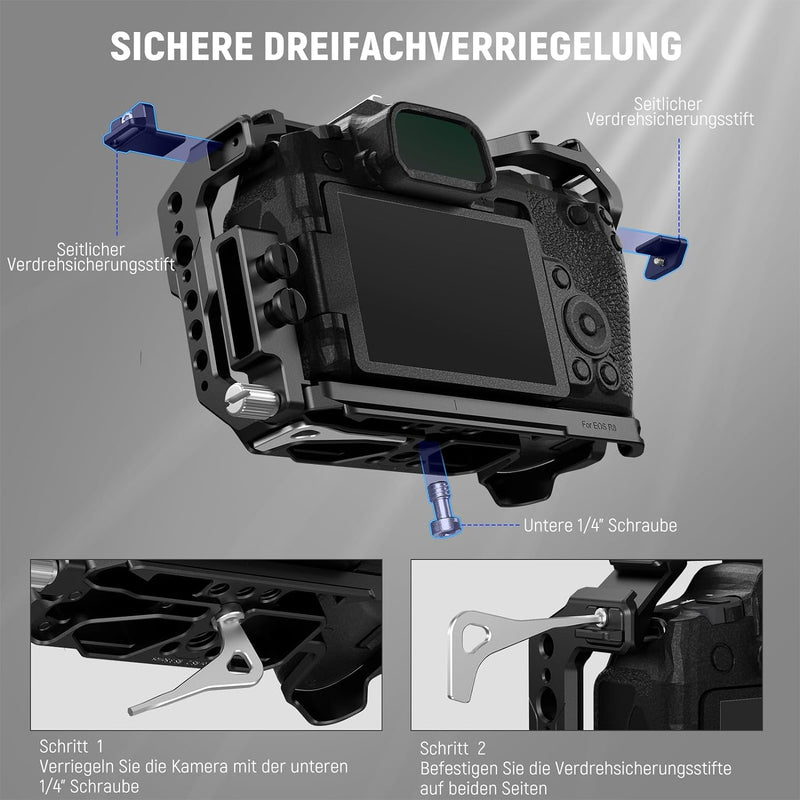 NEEWER EOS R8 Kamerakäfig mit HDMI Kabelklemme, NATO Schiene, Arca Schnellwechselbasis, Drehsichere