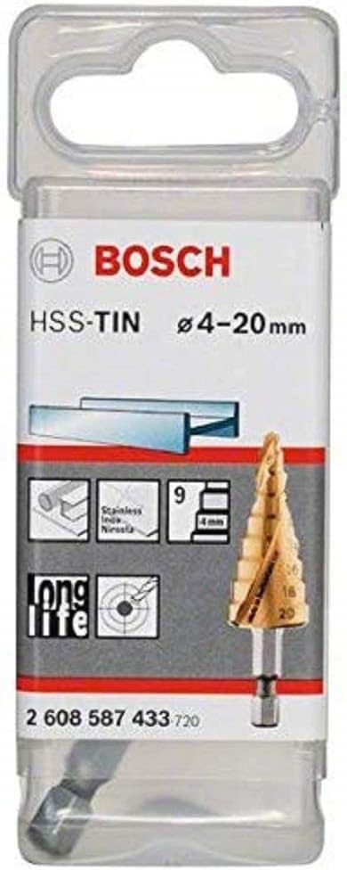 Bosch Professional Stufenbohrer HSS-TiN mit 1/4"-Sechskantschaft (Ø 4-20 mm, 9 Stufen, Zubehör für B