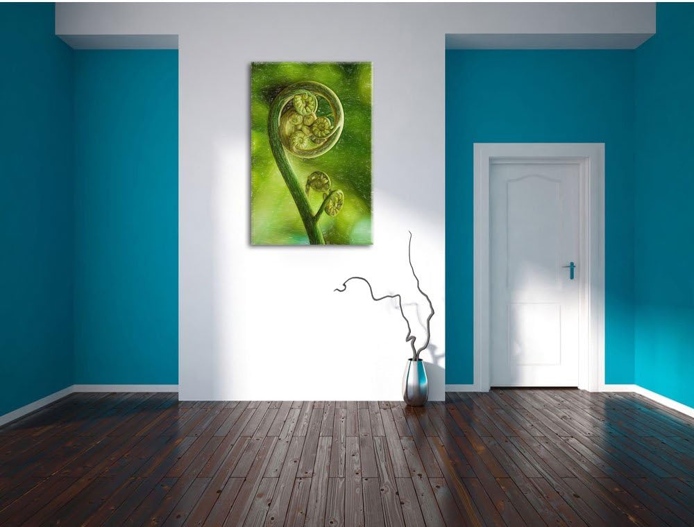 Pixxprint Lockiges Blatt von Einer Farne im Wald Kunst Buntstift Effekt, Format: 100x70 auf Leinwand
