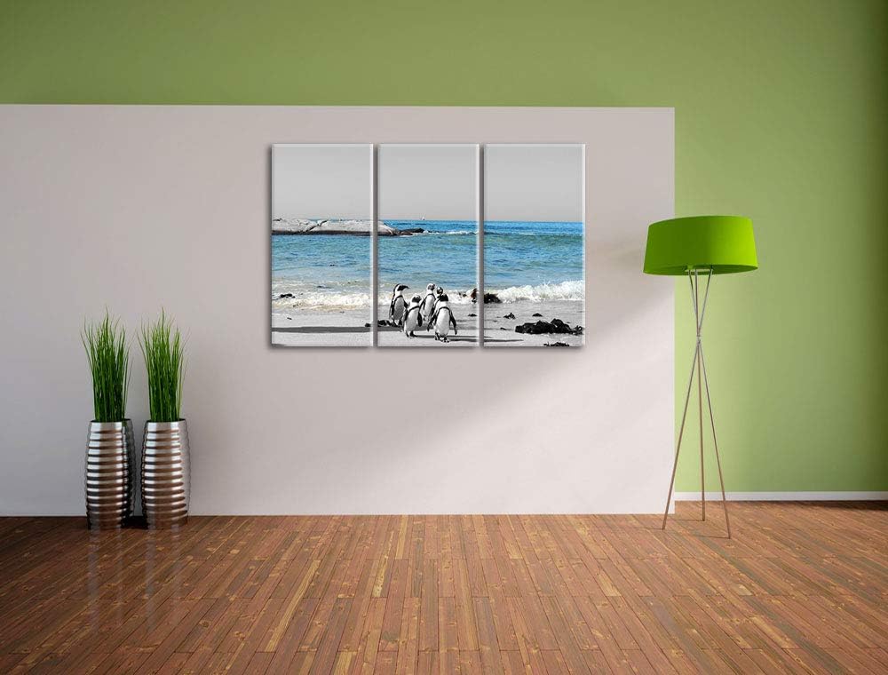 lustige Pinguine am Strand schwarz/weiss 3-Teiler Leinwandbild 120x80 Bild auf Leinwand, XXL riesige