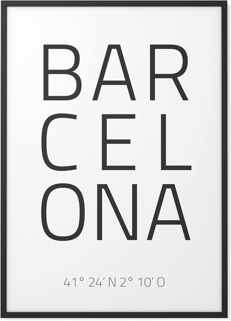 Papierschmiede® Geo Poster Koordinaten Barcelona, A3 Gerahmt im Holzrahmen (schwarz), Stadt Bild als