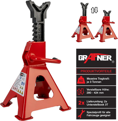 Grafner 2 Stück Unterstellböcke, 3 Tonnen Traglast, Hubhöhe 280 – 424 mm, höhenverstellbar, Ratschen