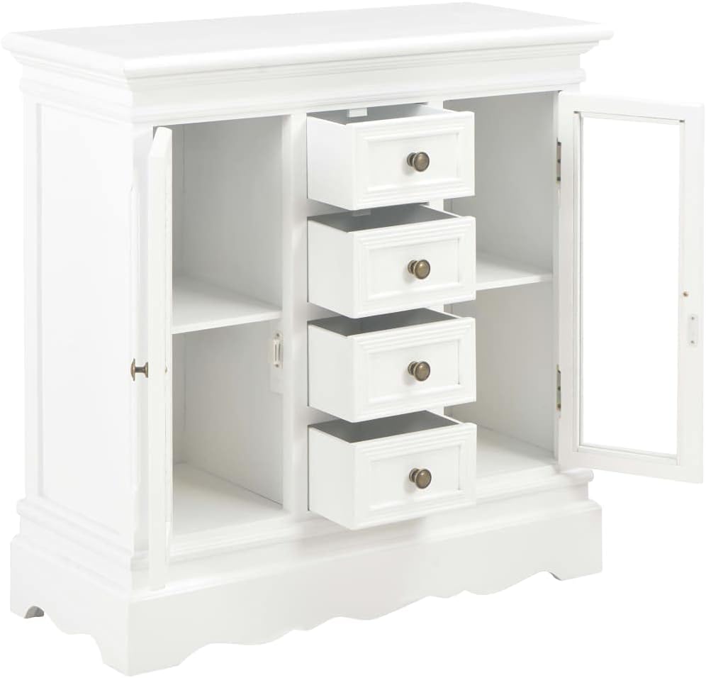 Tidyard Sideboard mit 4 Schubladen und 2 Glastüren Kommode Vitrinenschrank Beistellschrank Mehrzweck