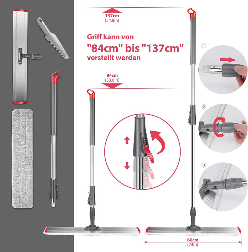 Myiosus Flacher Wischmopp, 60cm Breiter Bodenwischer, 5 Mikrofaser Wischpads und 1 Schaber Enthalten