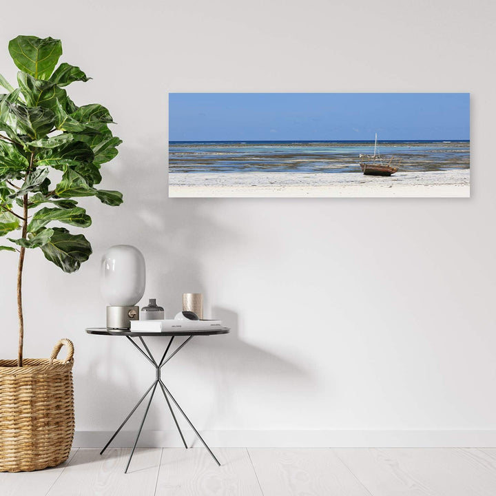Feeby Wandbild Landschaft Modern Deko Kunst Bilder Strand und Boot Blau 120x40 cm Deko paneel 120x40